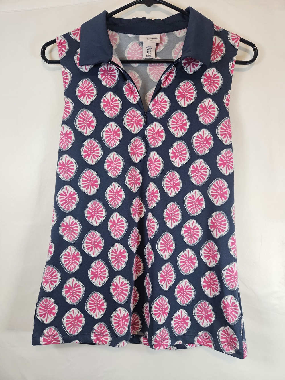 Tommy Bahama Navy Sleeveless Collared Tank with Pink Medallion Print